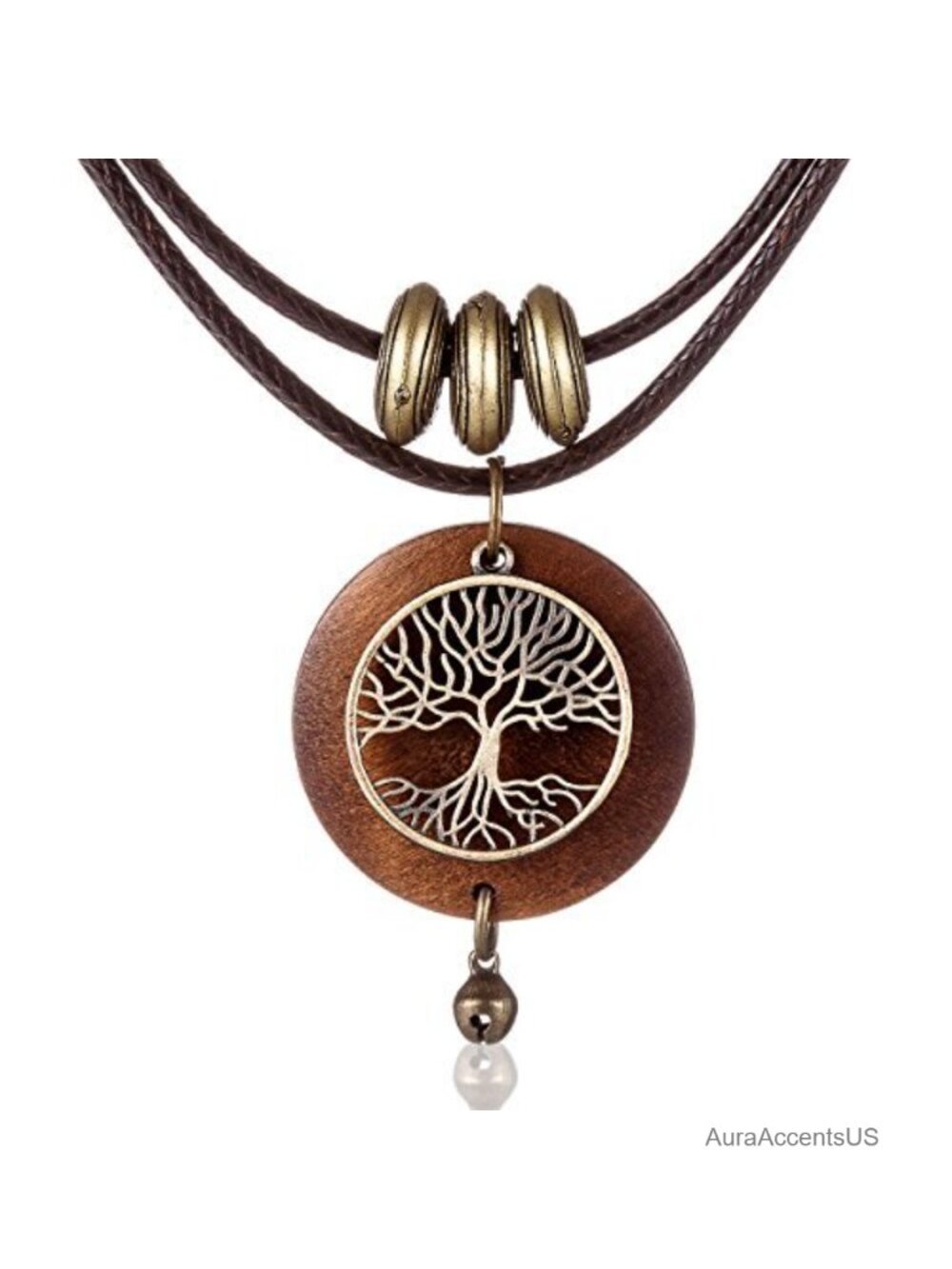 Wooden Bead Double Chain Choker Necklace with Tree of Life Pendant
